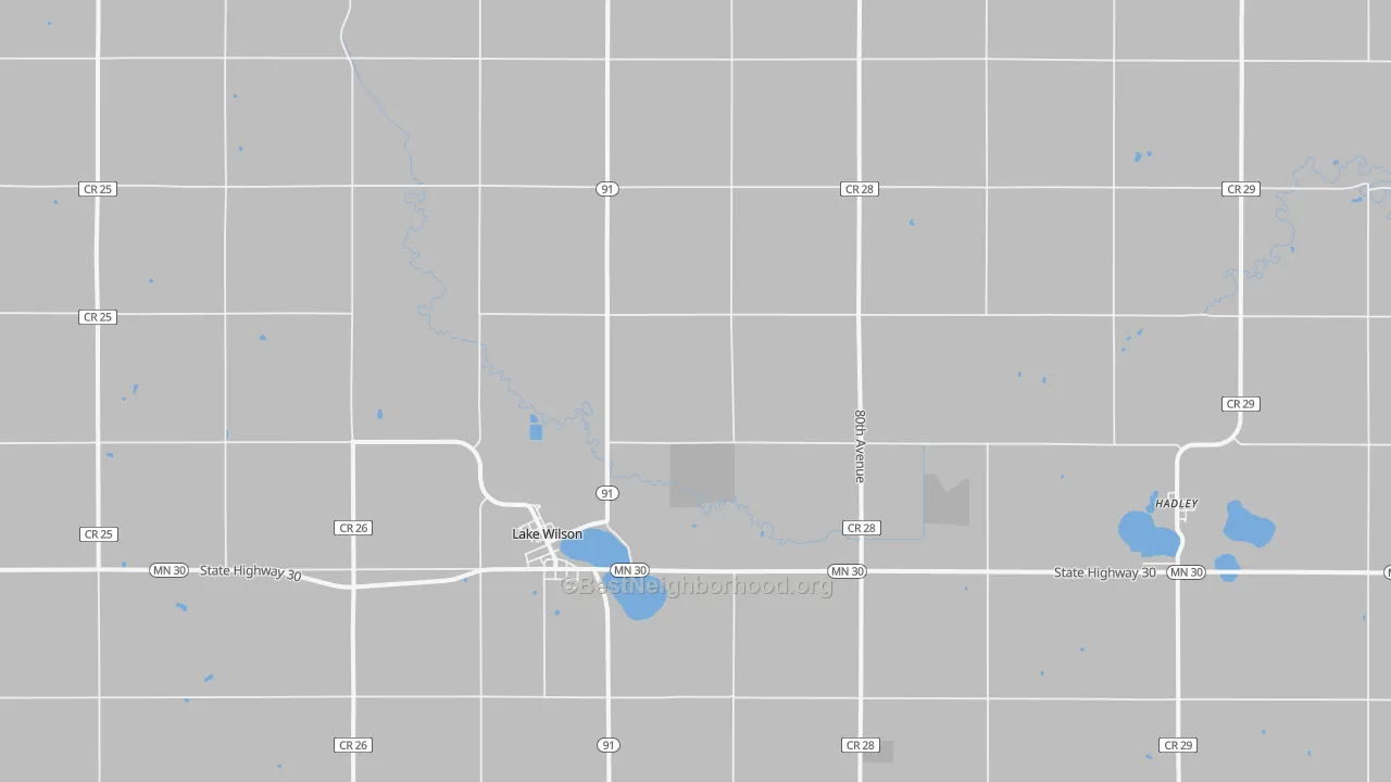 Walk Grade map of 56151, MN, walkable areas in green and car-dependent areas in red