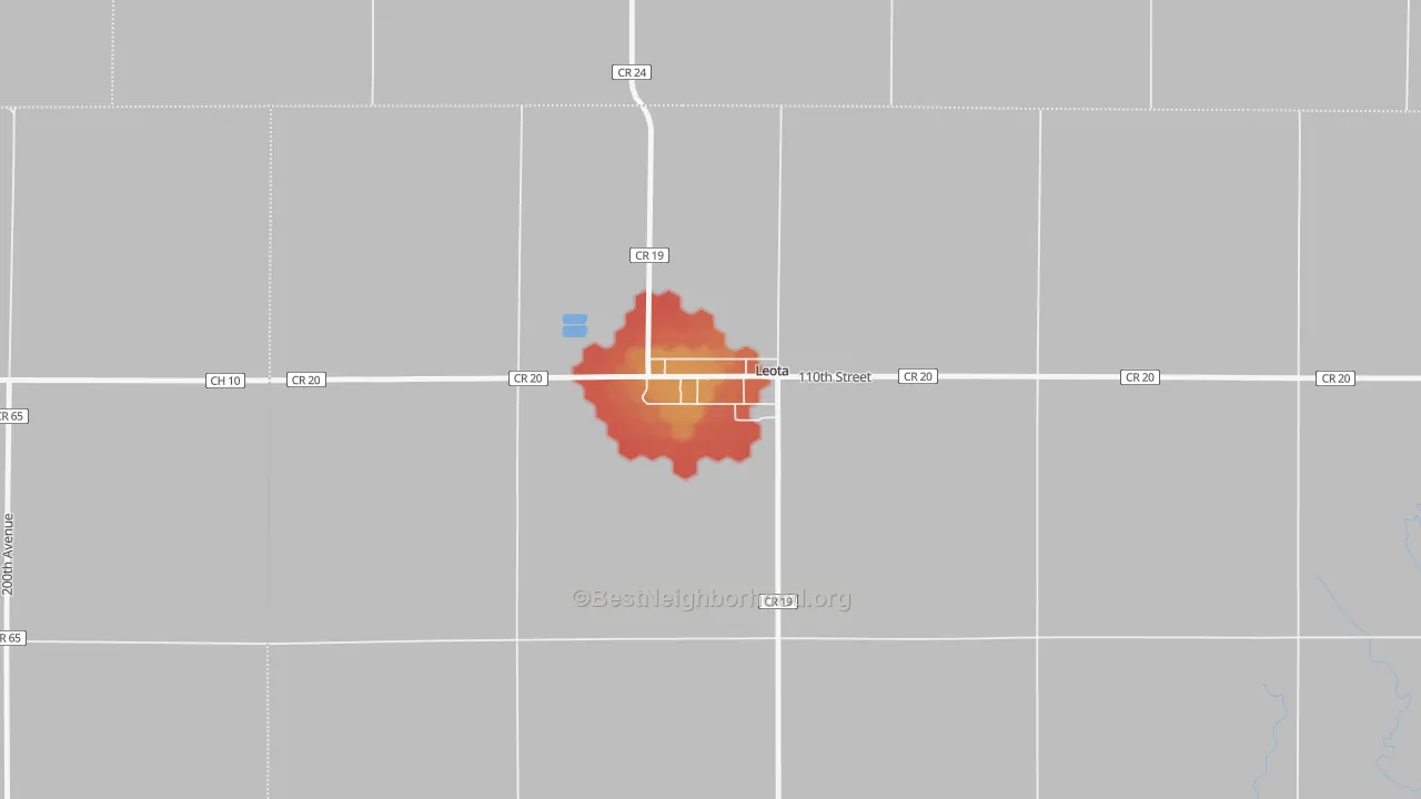 Walk Grade map of 56153, MN, walkable areas in green and car-dependent areas in red