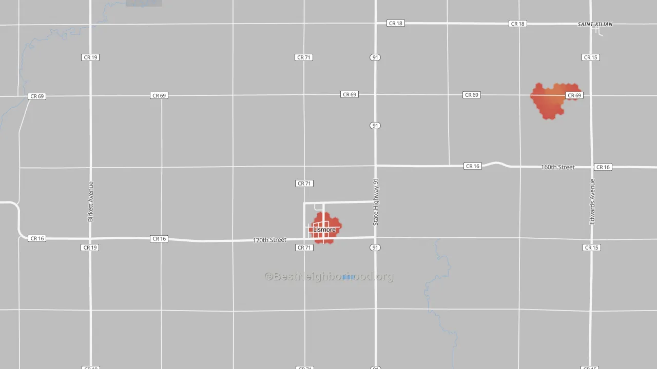 Walk Grade map of 56155, MN, walkable areas in green and car-dependent areas in red