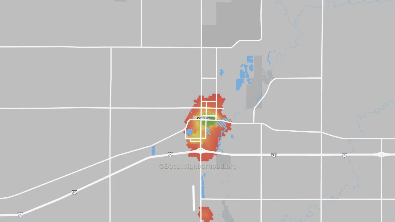 Walk Grade map of 56156, MN, walkable areas in green and car-dependent areas in red