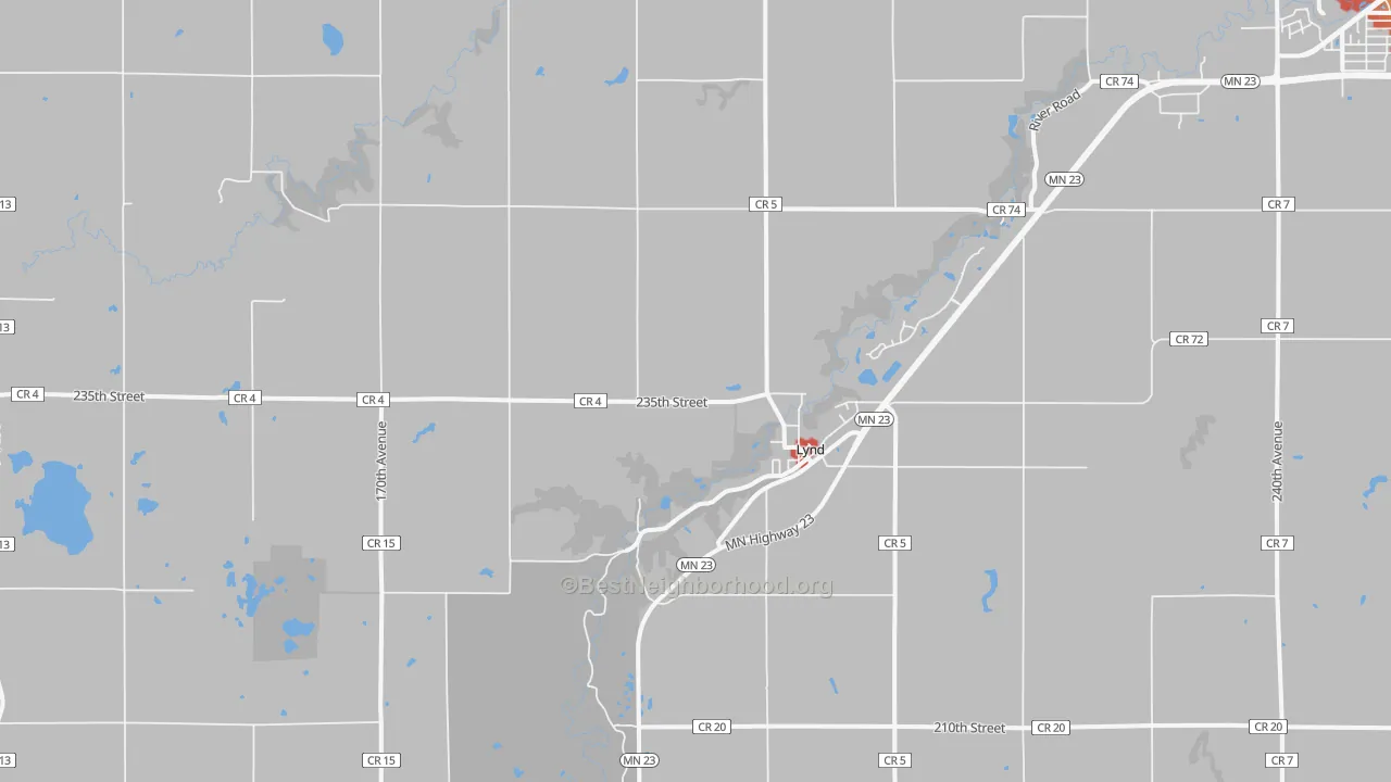Walk Grade map of 56157, MN, walkable areas in green and car-dependent areas in red