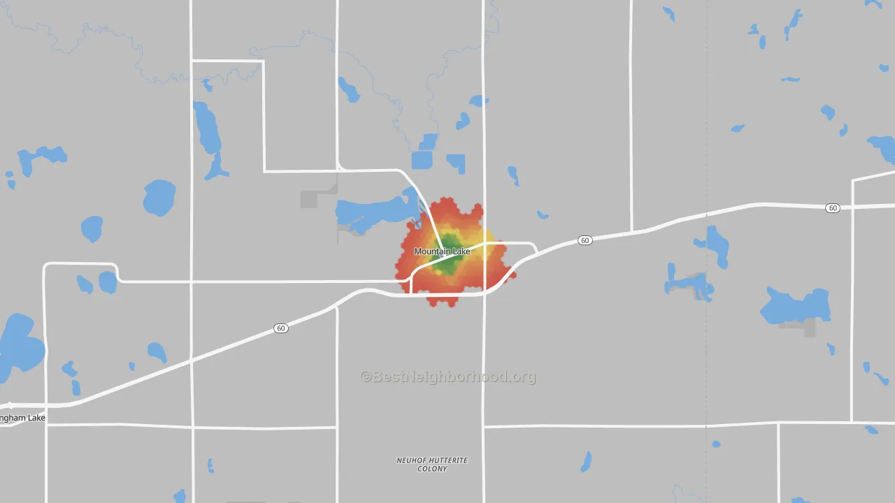 Walk Grade map of 56159, MN, walkable areas in green and car-dependent areas in red