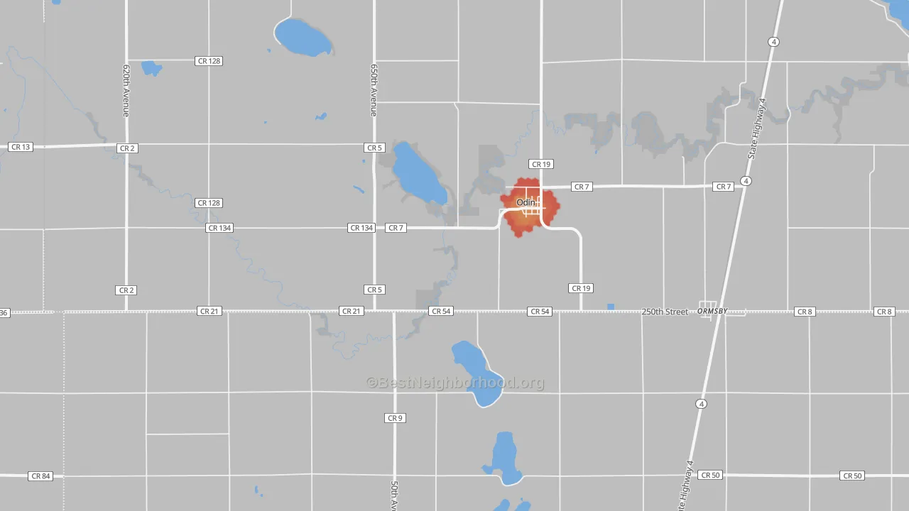Walk Grade map of 56160, MN, walkable areas in green and car-dependent areas in red