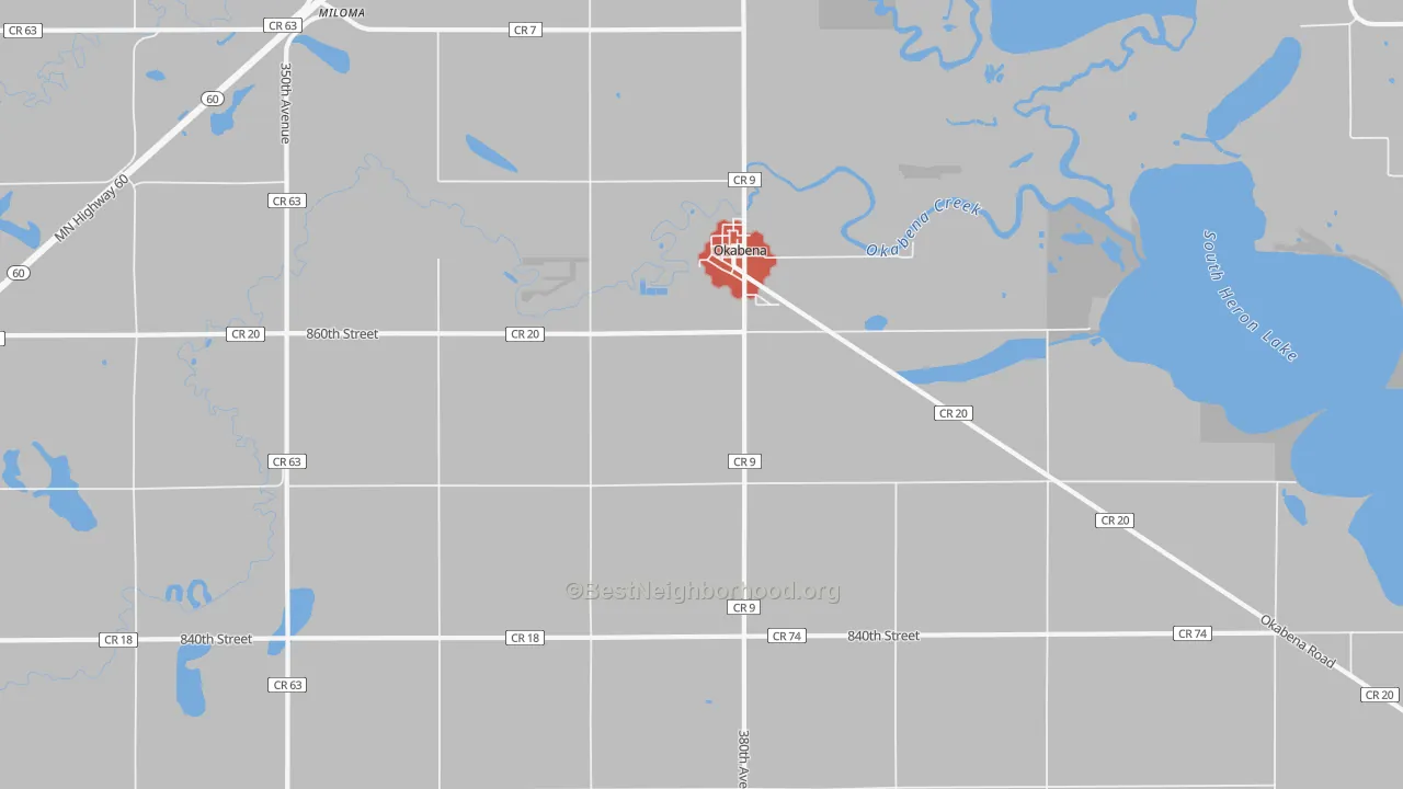 Walk Grade map of 56161, MN, walkable areas in green and car-dependent areas in red