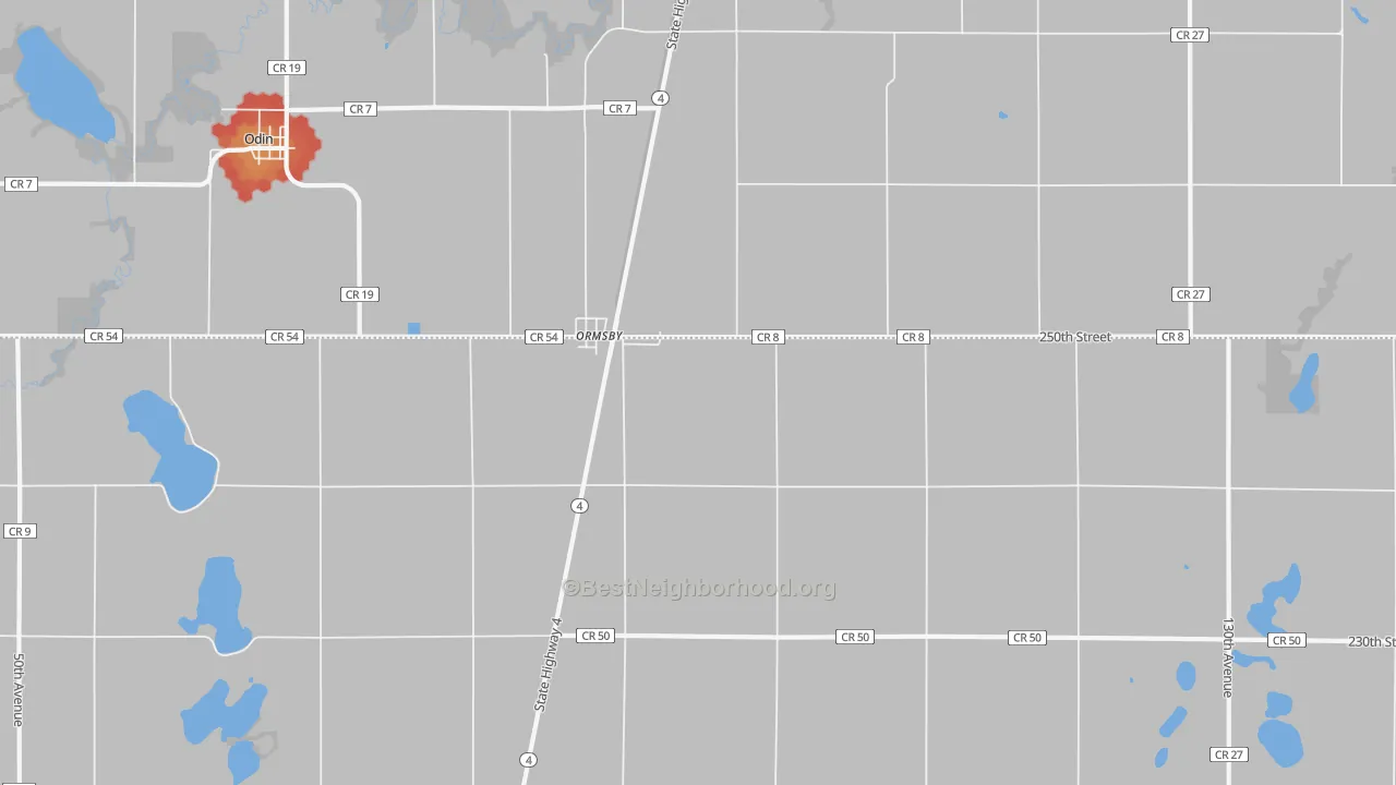Walk Grade map of 56162, MN, walkable areas in green and car-dependent areas in red