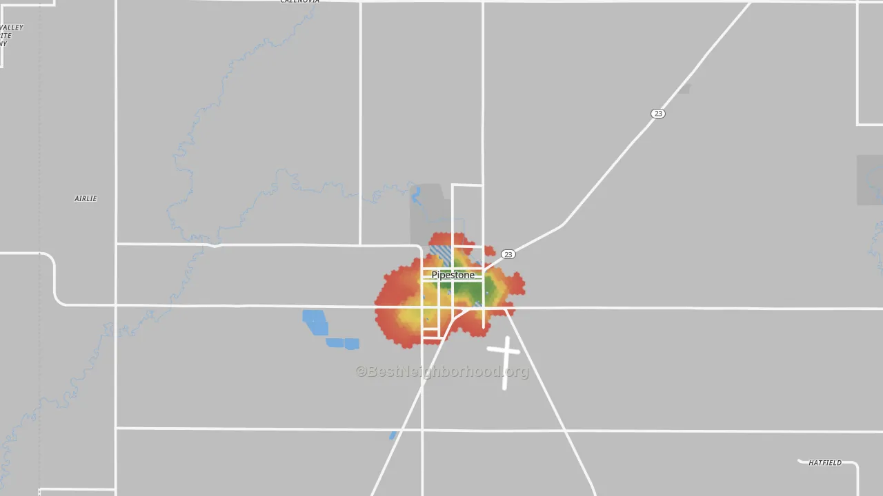 Walk Grade map of 56164, MN, walkable areas in green and car-dependent areas in red