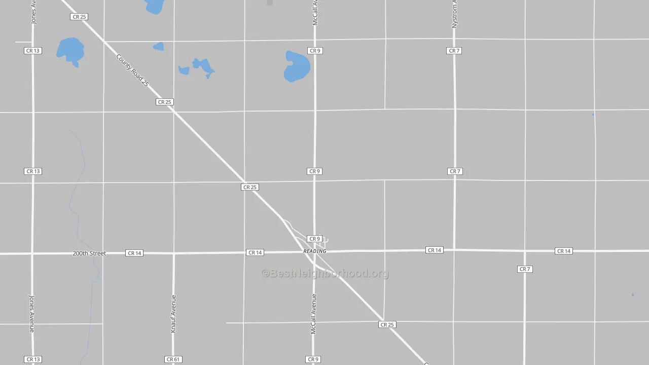 Walk Grade map of 56165, MN, walkable areas in green and car-dependent areas in red