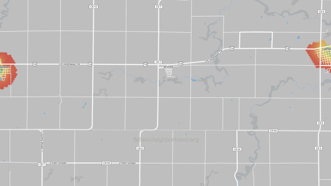 Walk Grade map of 56166, MN, walkable areas in green and car-dependent areas in red