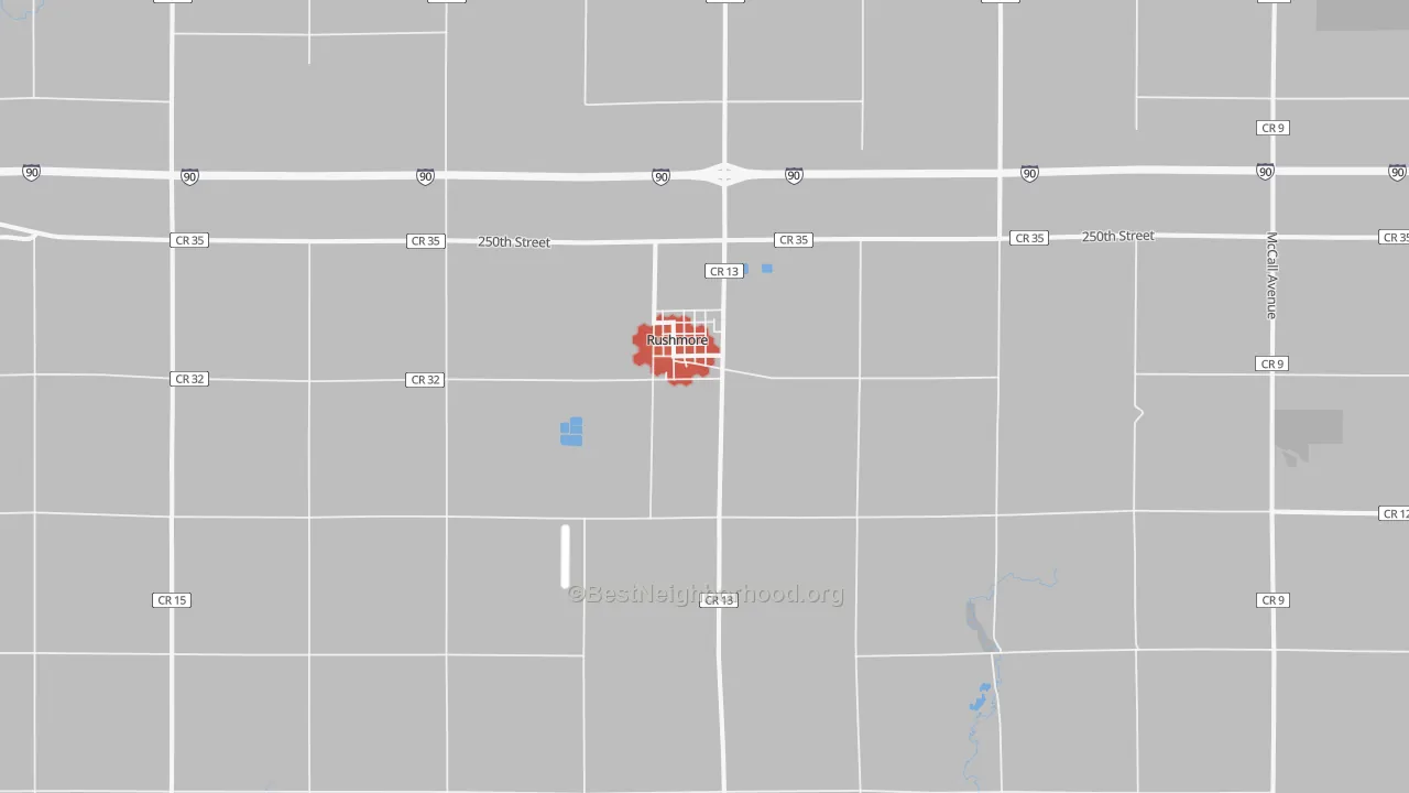 Walk Grade map of 56168, MN, walkable areas in green and car-dependent areas in red