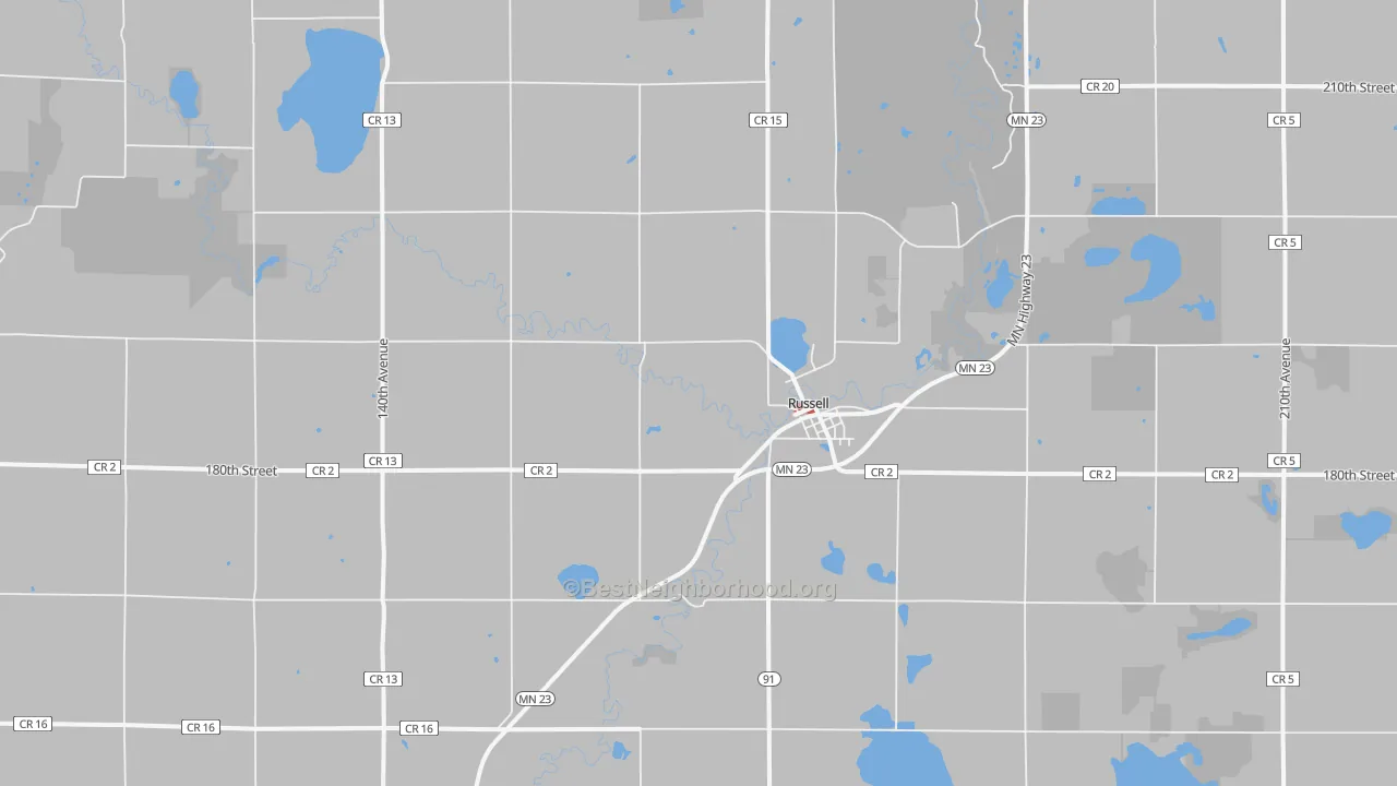 Walk Grade map of 56169, MN, walkable areas in green and car-dependent areas in red