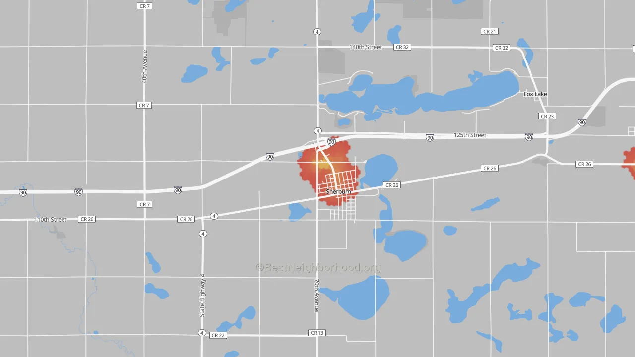 Walk Grade map of 56171, MN, walkable areas in green and car-dependent areas in red