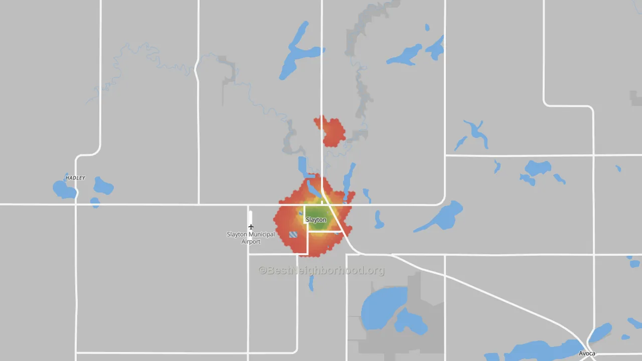 Walk Grade map of 56172, MN, walkable areas in green and car-dependent areas in red