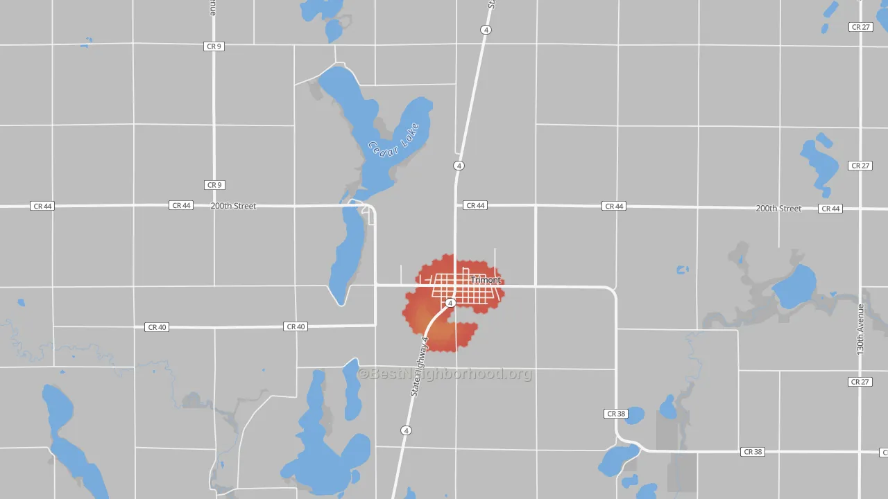 Walk Grade map of 56176, MN, walkable areas in green and car-dependent areas in red