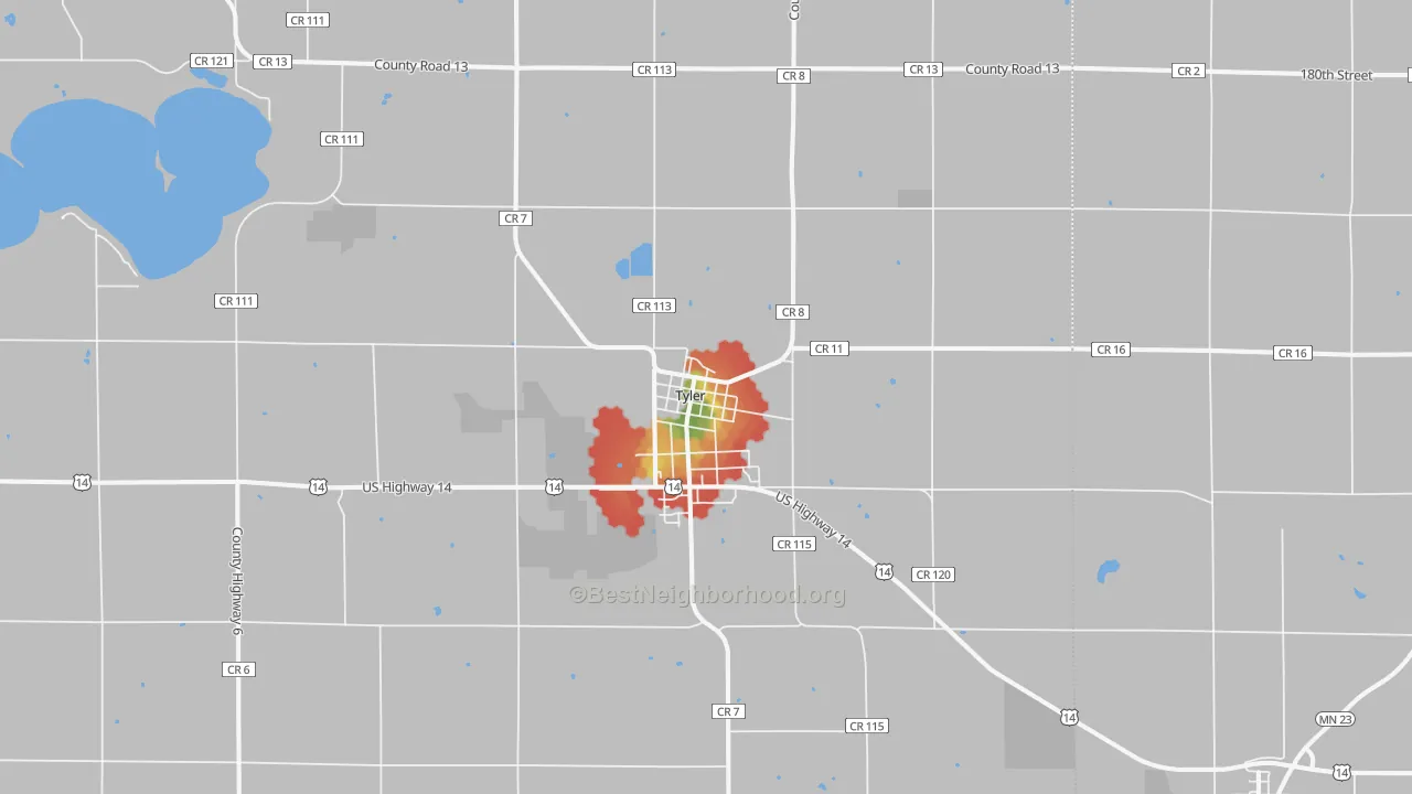 Walk Grade map of 56178, MN, walkable areas in green and car-dependent areas in red