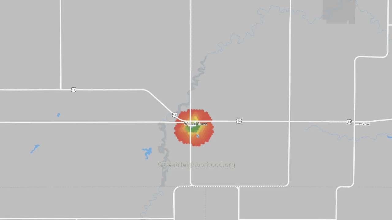 Walk Grade map of 56180, MN, walkable areas in green and car-dependent areas in red