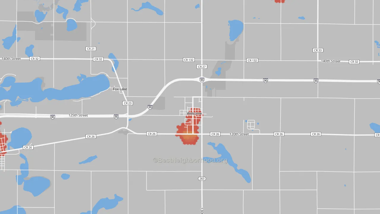 Walk Grade map of 56181, MN, walkable areas in green and car-dependent areas in red
