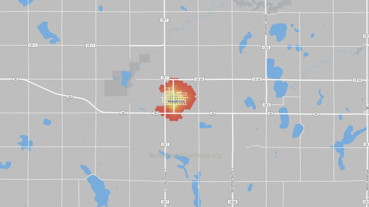 Walk Grade map of 56183, MN, walkable areas in green and car-dependent areas in red