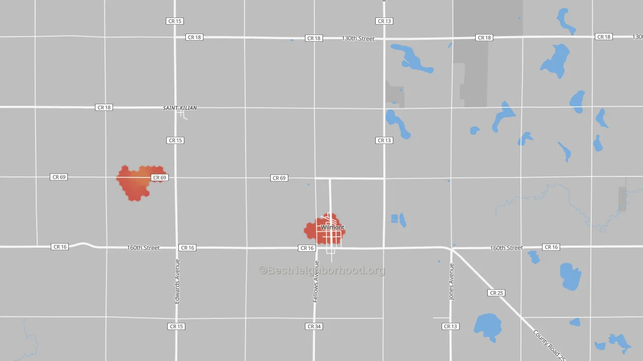 Walk Grade map of 56185, MN, walkable areas in green and car-dependent areas in red
