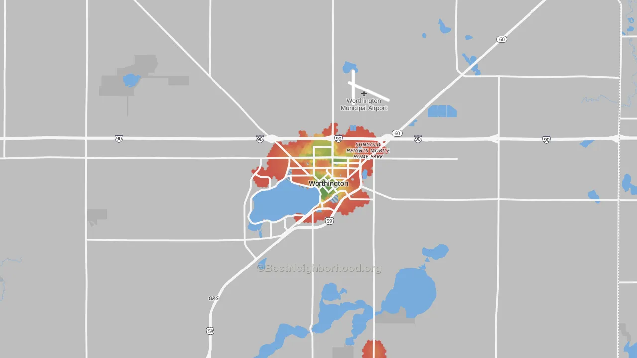 Walk Grade map of 56187, MN, walkable areas in green and car-dependent areas in red