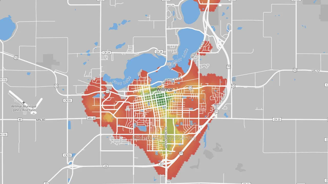 Walk Grade map of 56201, MN, walkable areas in green and car-dependent areas in red