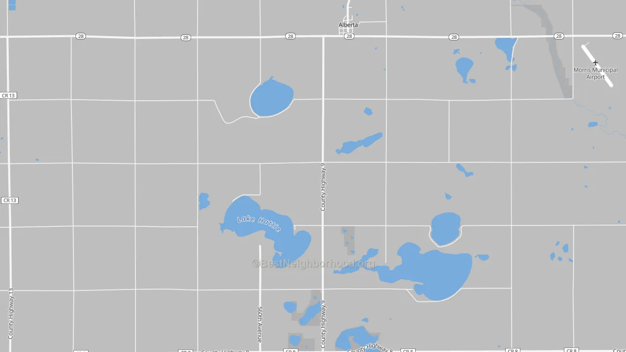 Walk Grade map of 56207, MN, walkable areas in green and car-dependent areas in red