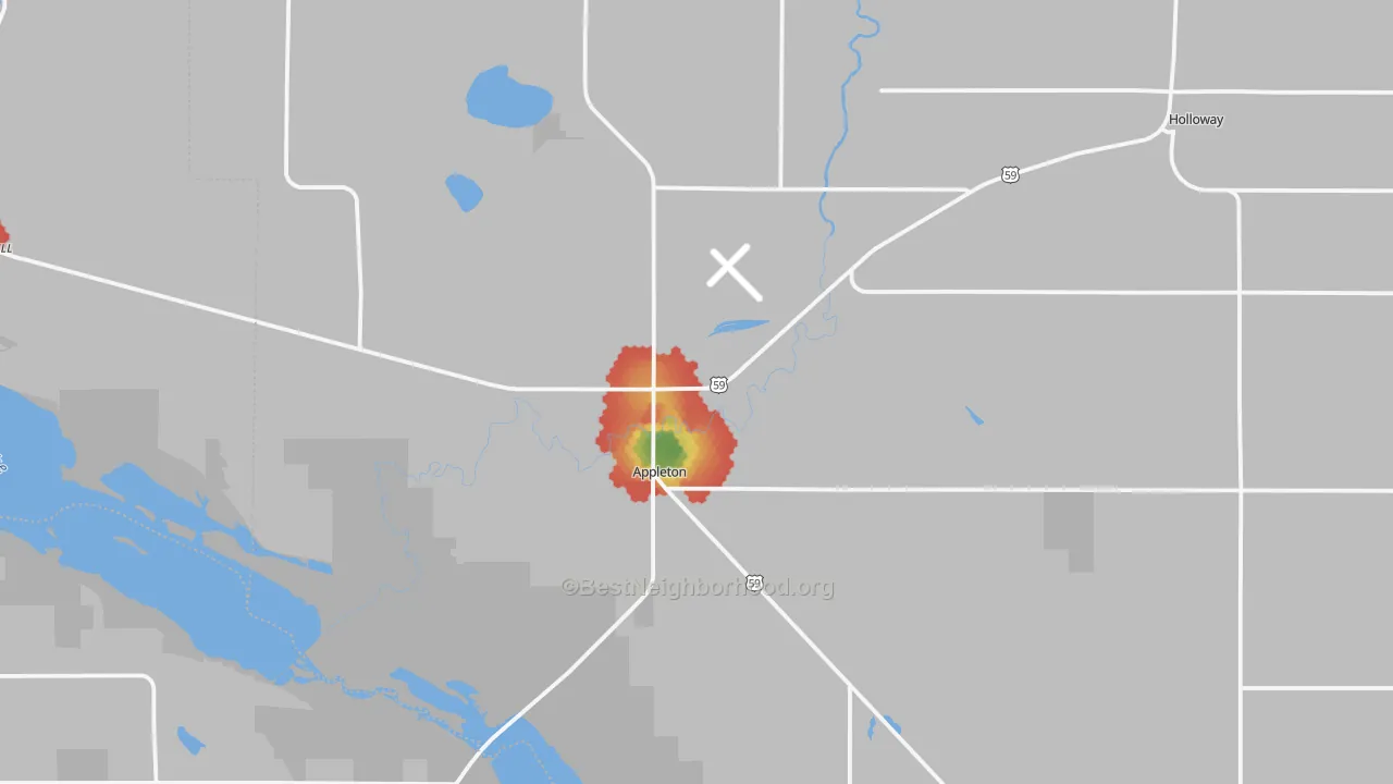 Walk Grade map of 56208, MN, walkable areas in green and car-dependent areas in red