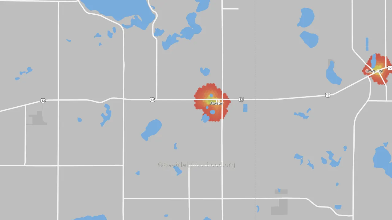 Walk Grade map of 56209, MN, walkable areas in green and car-dependent areas in red