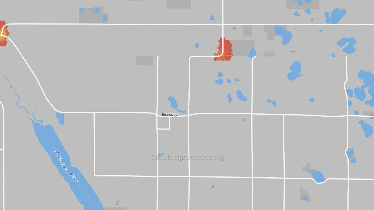Walk Grade map of 56211, MN, walkable areas in green and car-dependent areas in red