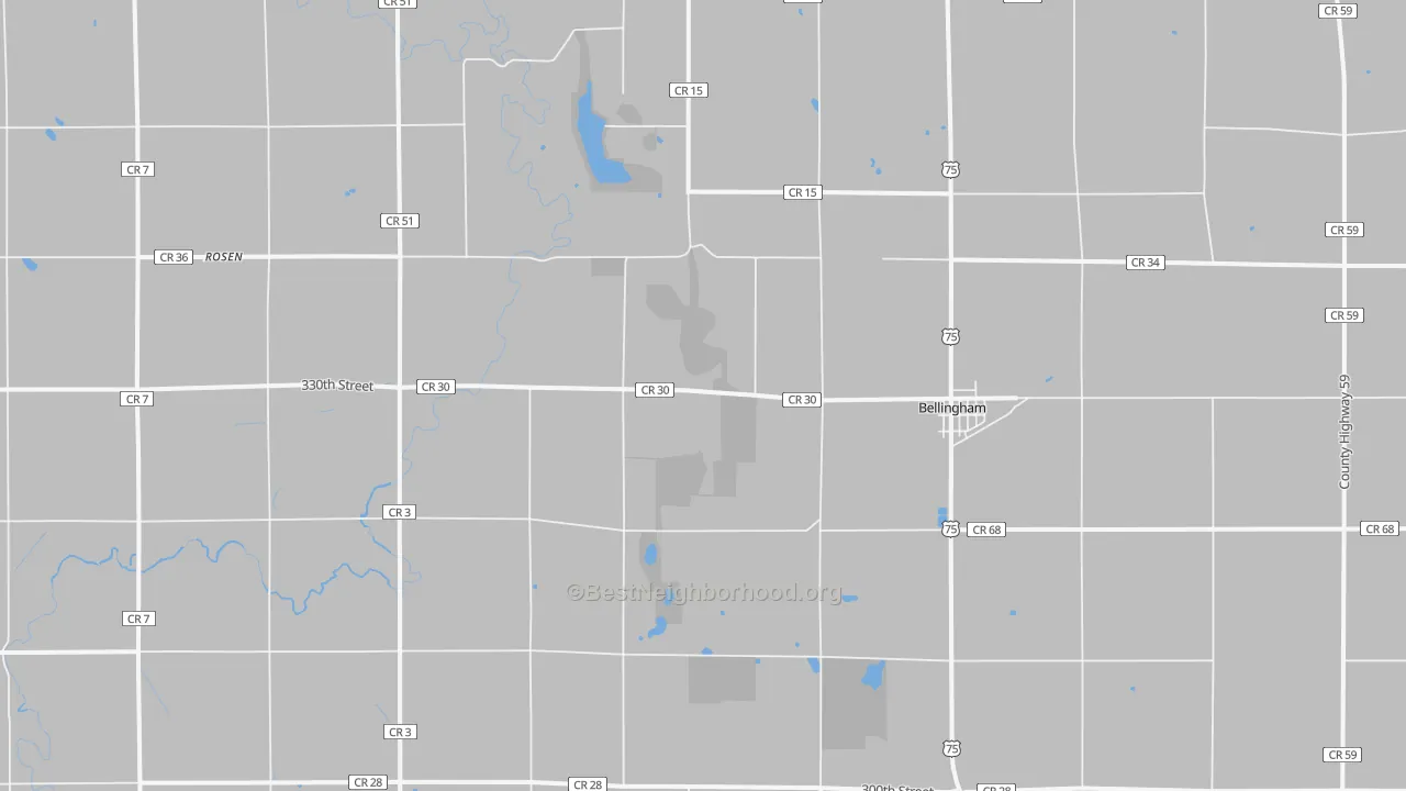 Walk Grade map of 56212, MN, walkable areas in green and car-dependent areas in red