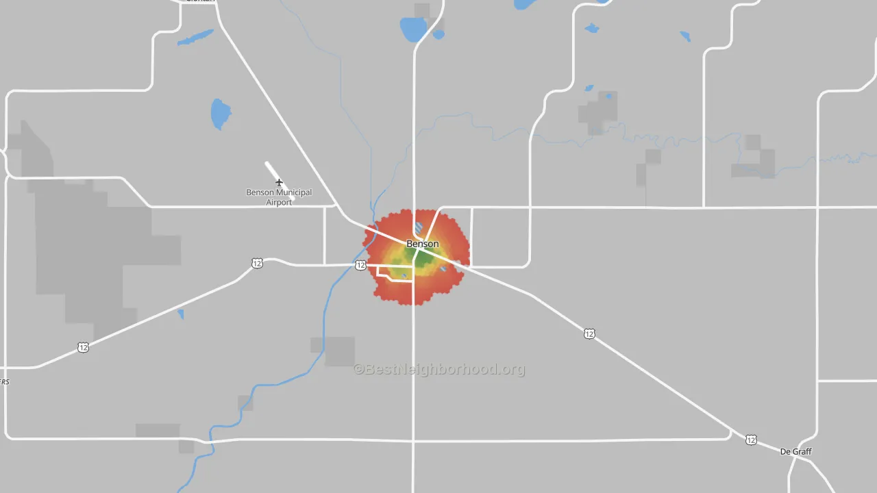 Walk Grade map of 56215, MN, walkable areas in green and car-dependent areas in red