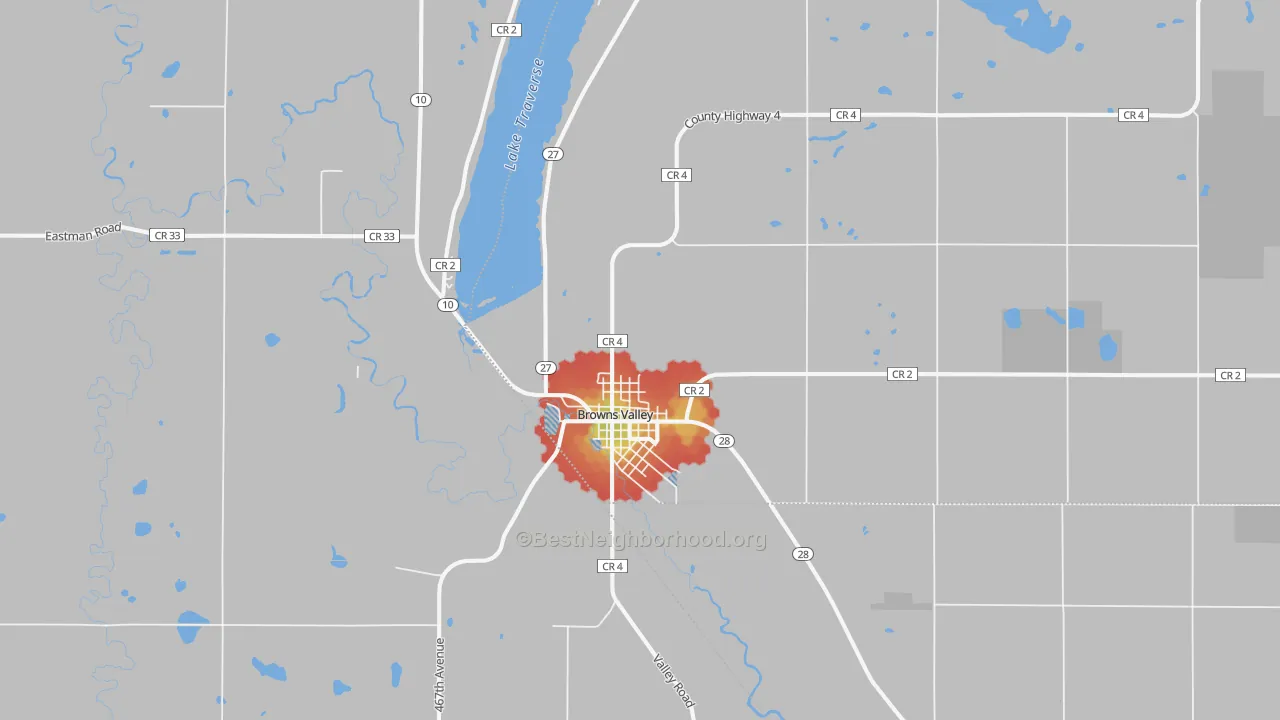 Walk Grade map of 56219, MN, walkable areas in green and car-dependent areas in red