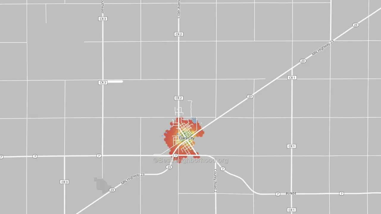 Walk Grade map of 56222, MN, walkable areas in green and car-dependent areas in red