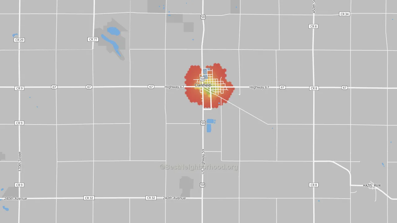 Walk Grade map of 56223, MN, walkable areas in green and car-dependent areas in red