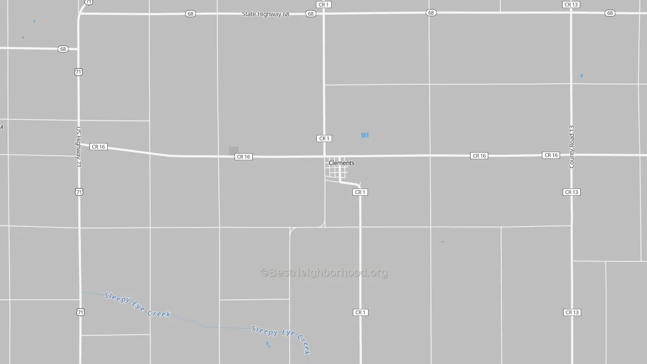 Walk Grade map of 56224, MN, walkable areas in green and car-dependent areas in red