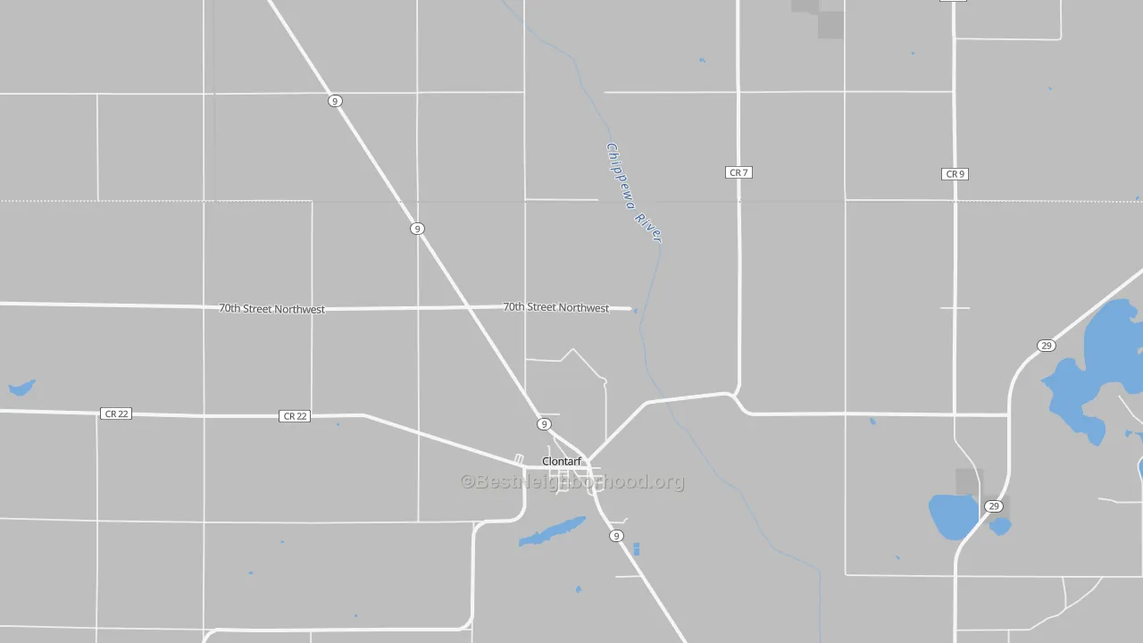 Walk Grade map of 56226, MN, walkable areas in green and car-dependent areas in red