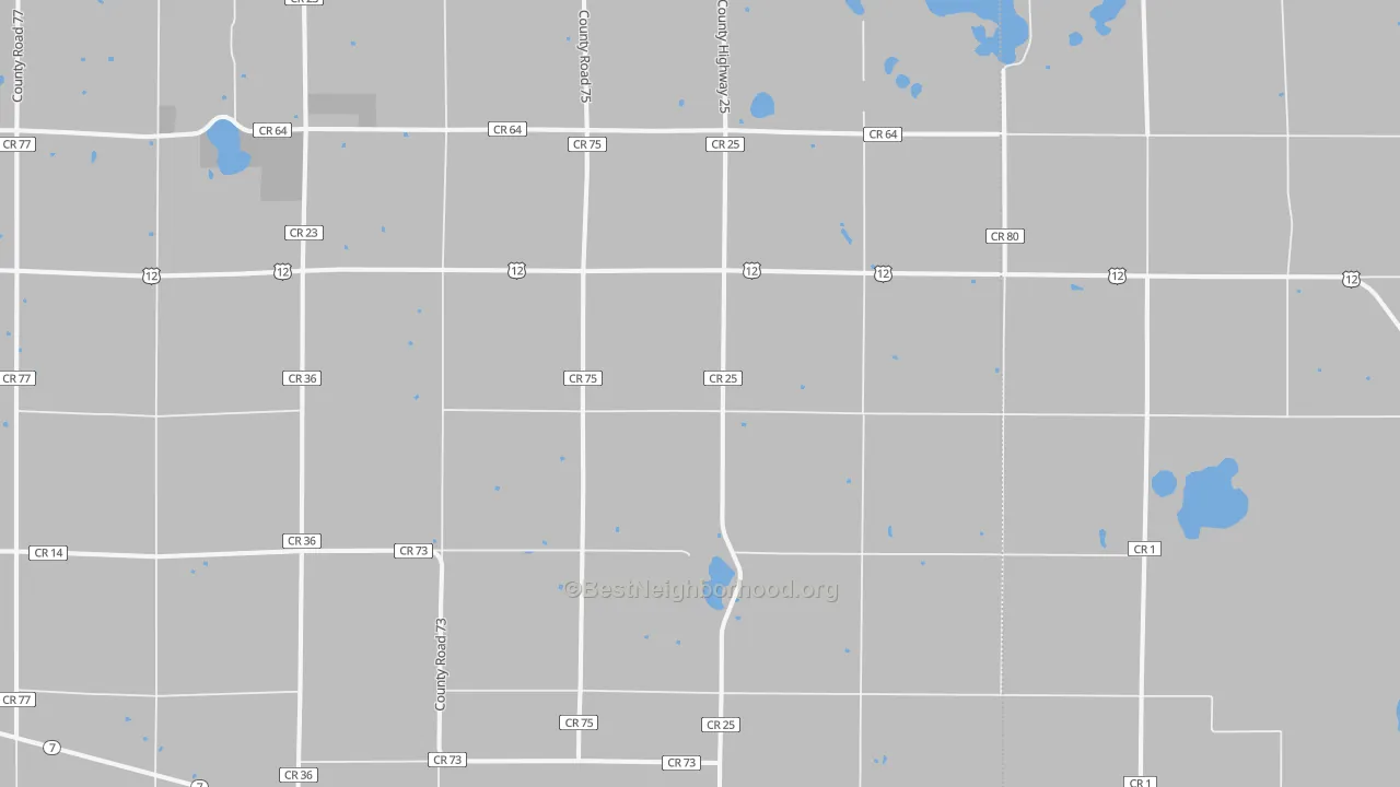 Walk Grade map of 56227, MN, walkable areas in green and car-dependent areas in red