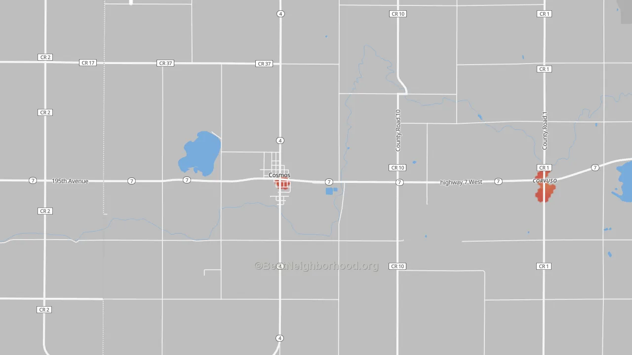 Walk Grade map of 56228, MN, walkable areas in green and car-dependent areas in red