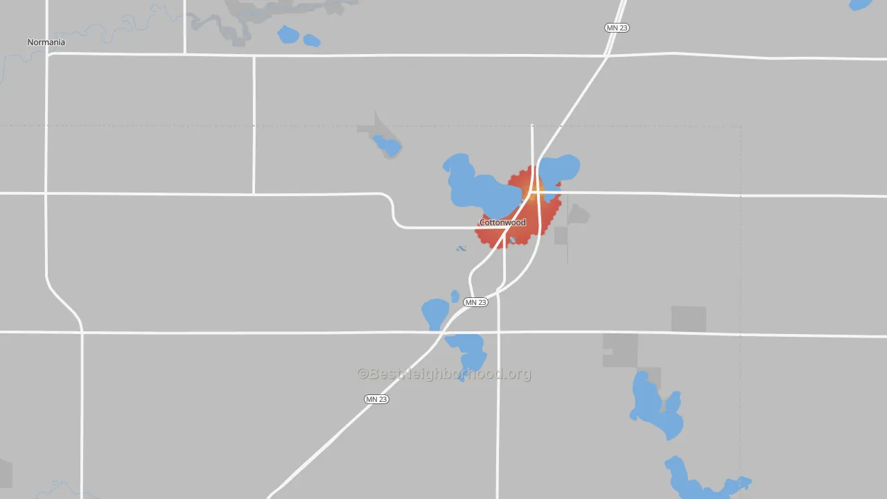 Walk Grade map of 56229, MN, walkable areas in green and car-dependent areas in red