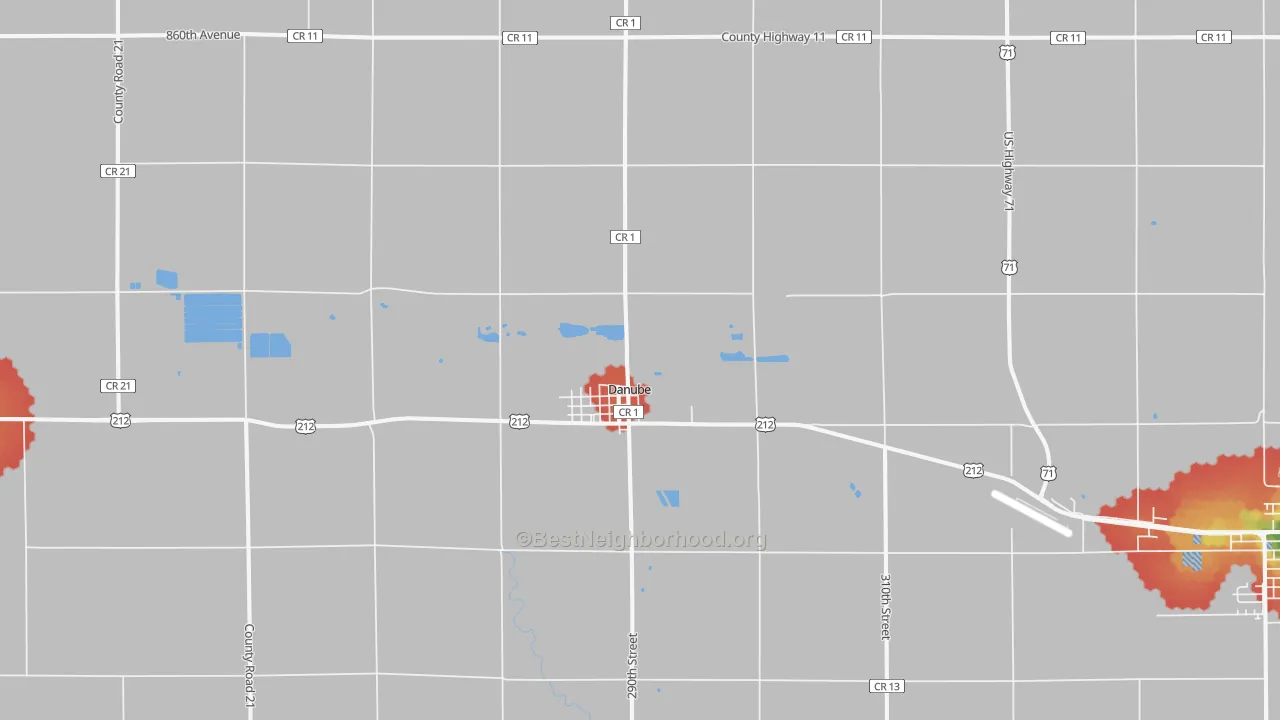 Walk Grade map of 56230, MN, walkable areas in green and car-dependent areas in red