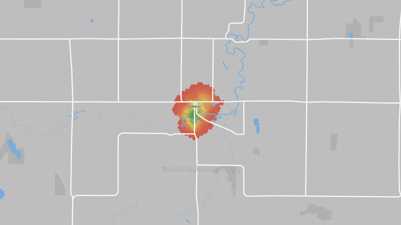 Walk Grade map of 56232, MN, walkable areas in green and car-dependent areas in red