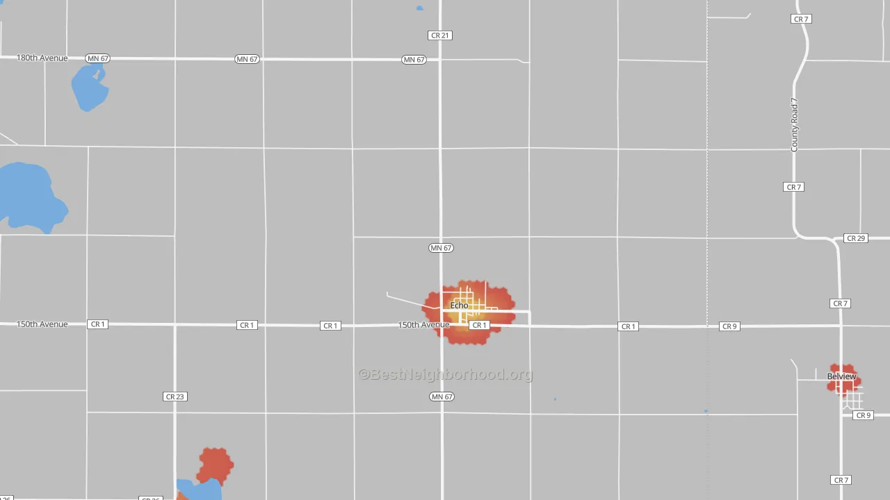 Walk Grade map of 56237, MN, walkable areas in green and car-dependent areas in red