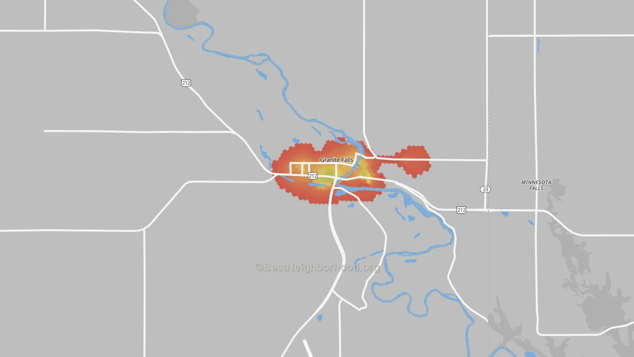 Walk Grade map of 56241, MN, walkable areas in green and car-dependent areas in red