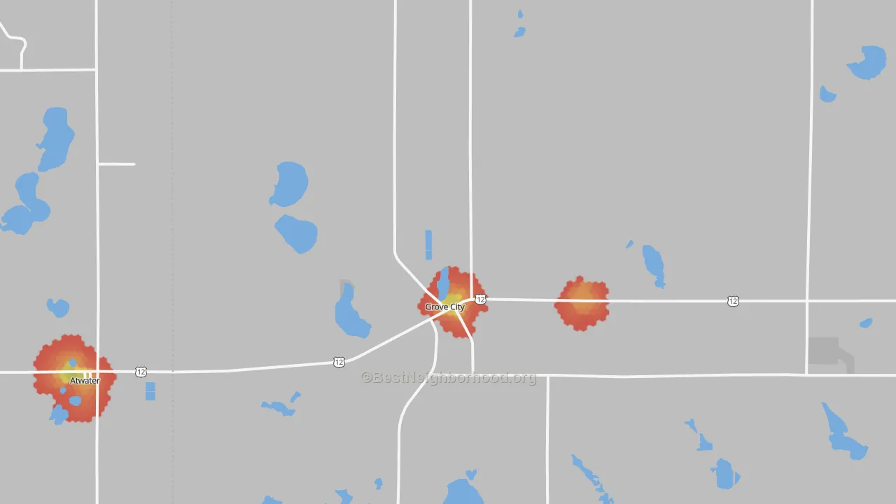 Walk Grade map of 56243, MN, walkable areas in green and car-dependent areas in red