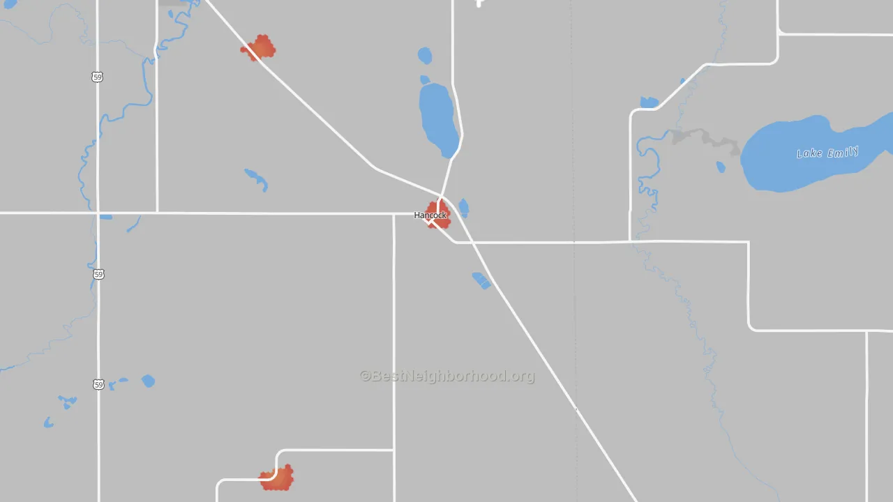 Walk Grade map of 56244, MN, walkable areas in green and car-dependent areas in red