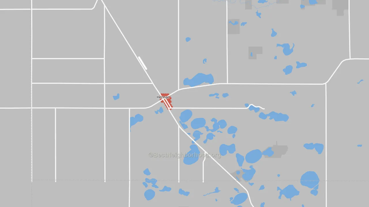 Walk Grade map of 56248, MN, walkable areas in green and car-dependent areas in red