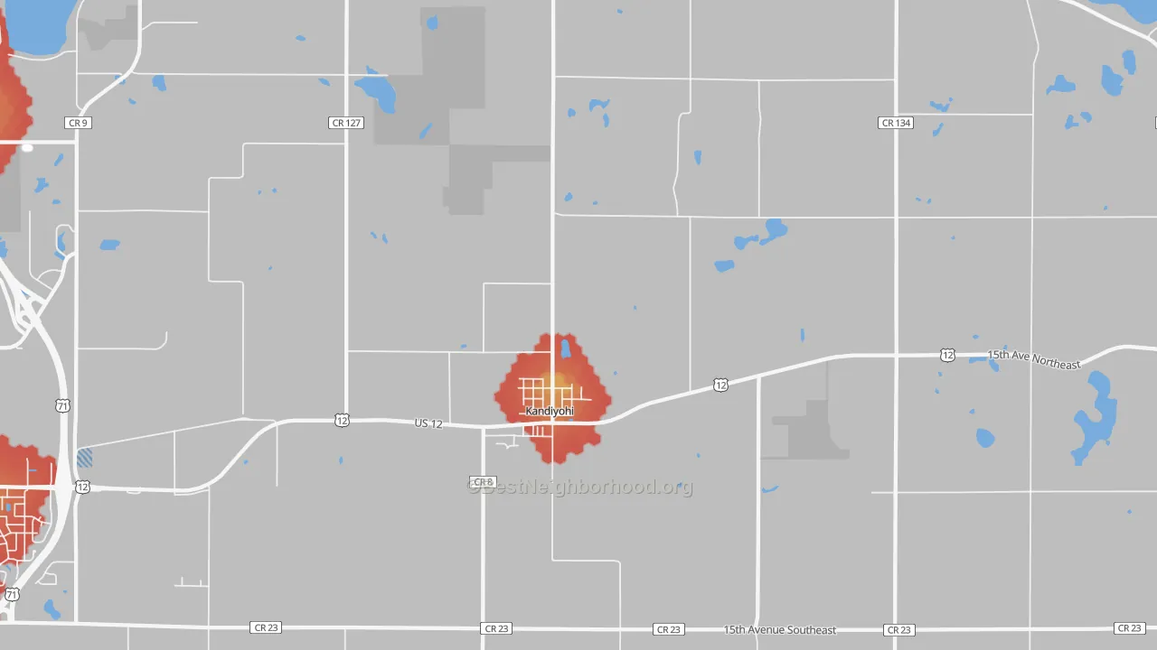 Walk Grade map of 56251, MN, walkable areas in green and car-dependent areas in red