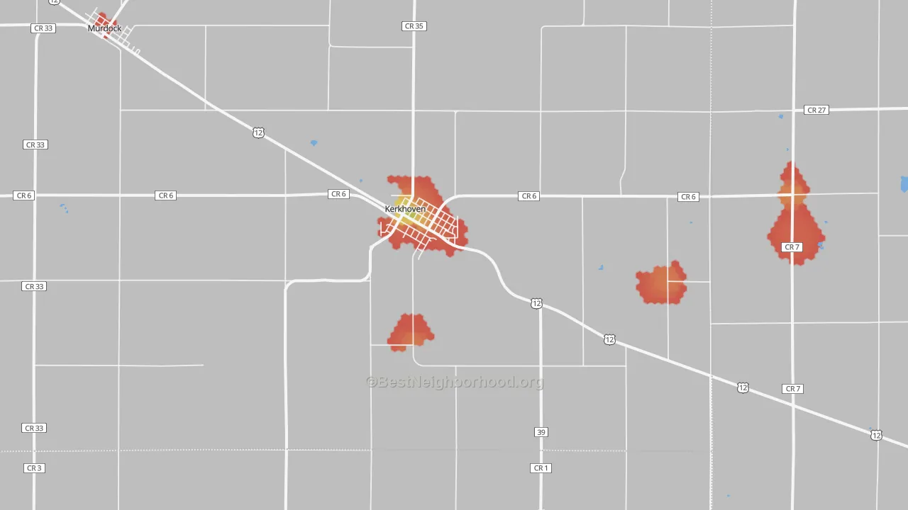 Walk Grade map of 56252, MN, walkable areas in green and car-dependent areas in red