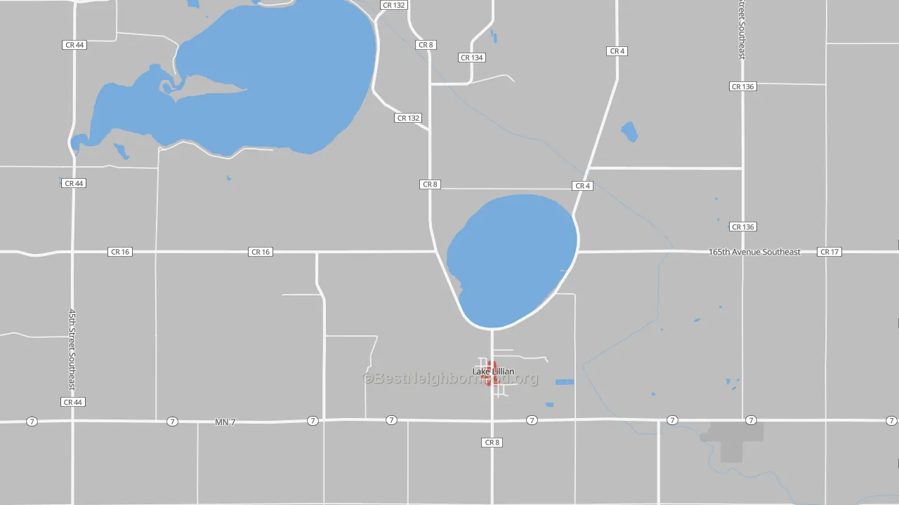 Walk Grade map of 56253, MN, walkable areas in green and car-dependent areas in red