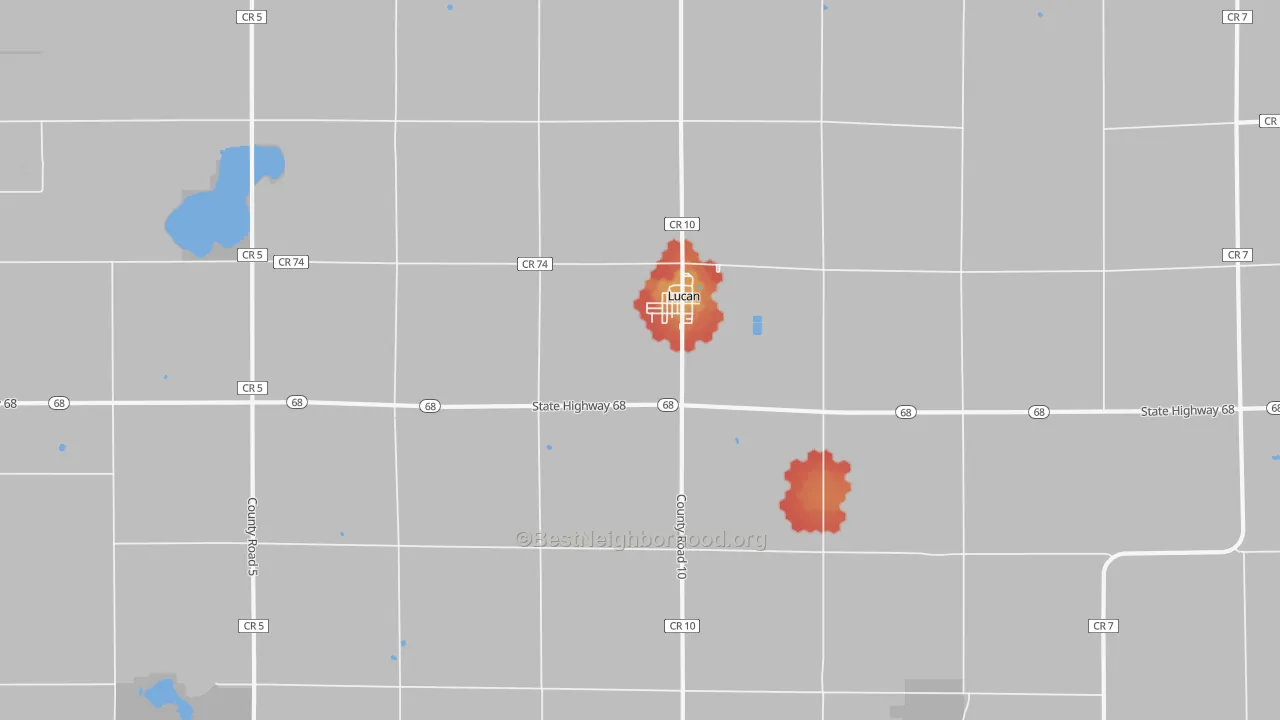 Walk Grade map of 56255, MN, walkable areas in green and car-dependent areas in red