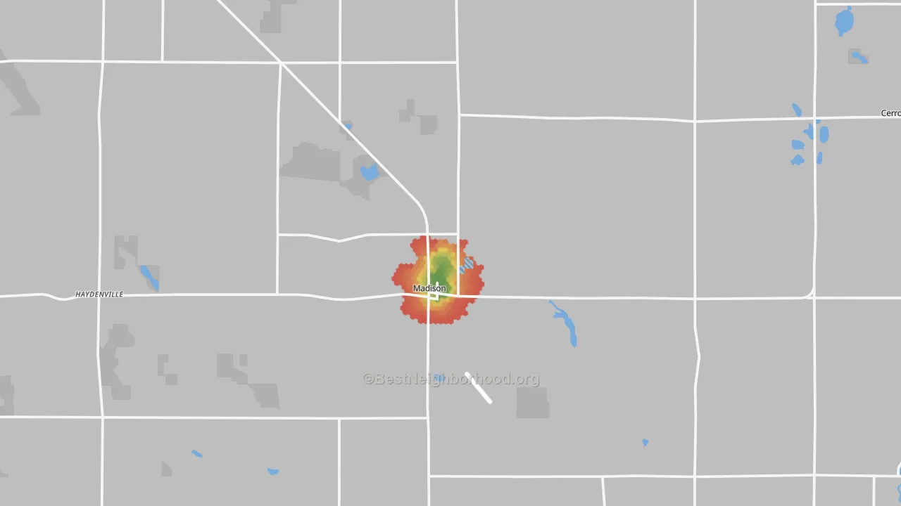 Walk Grade map of 56256, MN, walkable areas in green and car-dependent areas in red